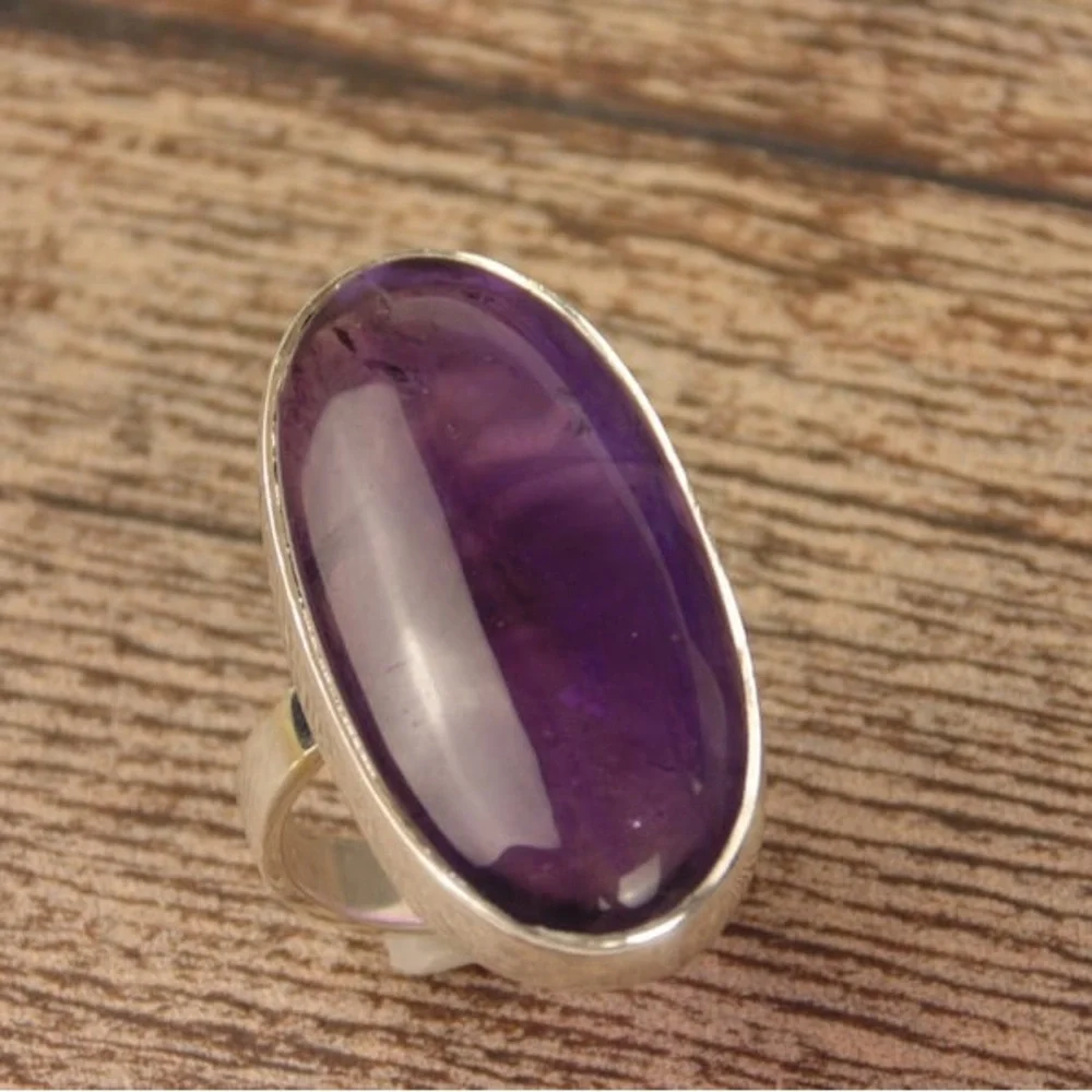 New Sterling Silver Long Oval Purple Amethyst Oblong Artisan Handmade Ring